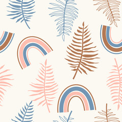 Fototapeta na wymiar Seamless tropical abstract pattern with palm leaves and rainbow in scandinavian style