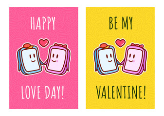 Cartoon smartphones in love. Greeting cards for valentines day. Vector.