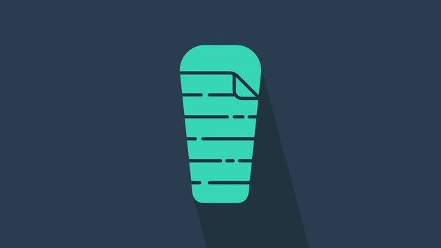 Turquoise Sleeping bag icon isolated on blue background. 4K Video motion graphic animation.