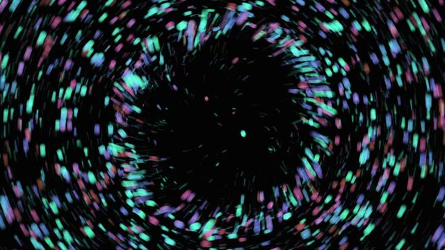 Shining round shaped particles creating a central circle. Animation. Clood of chaotically moving circles transforming into a ring on balck background. 