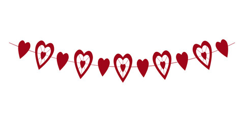 Heart bunting isolated on white background. Garland for Valentine day party, wedding, romantic date. Decoration for banners, greeting cards and invitations. Vector illustration.