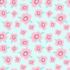Vector seamless pattern with stylized delicate pink flowers with green leaves. The design is great for wallpapers, scrapbooking, summer and wedding designs, packaging, textiles, fabrics, bedding