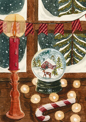 Watercolor Christmas illustration. Cozy New year. A red candle and a glass ball with snowflakes. Snow outside the window. Christmas theme, illustrations for postcards, posters and other Souvenirs.