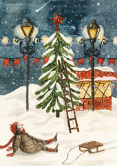 Watercolor Christmas illustration. Girl in furs. Red star on christmas tree lights. New year's night with snowflakes. Christmas theme, illustrations for postcards, posters and other Souvenirs.