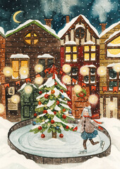 Watercolor Christmas illustration. New year's night with snowflakes. Christmas theme, illustrations for postcards, posters and other Souvenirs.