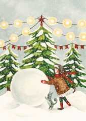 Watercolor Christmas illustration. Girl with a snow globe. They make a snowman with a cat. New year's eve with snowflakes. Christmas theme, illustrations for postcards, posters and other Souvenirs.