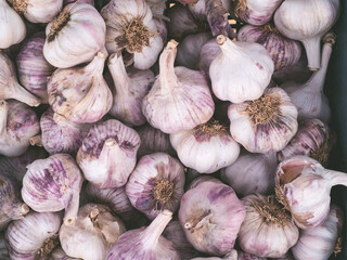 Large amount of garlic in a vegetable shop