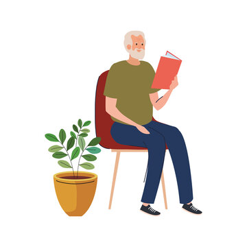 elderly old man reading book seated in chair character vector illustration design