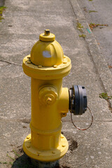 Yellow fire hydrant. Fragment of the pavement on the street.