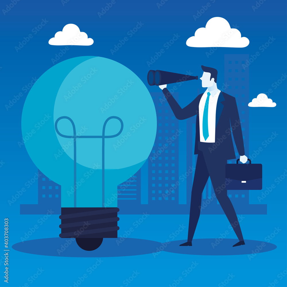 Wall mural elegant businessman worker with bulb and telescope vector illustration design