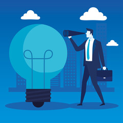 elegant businessman worker with bulb and telescope vector illustration design