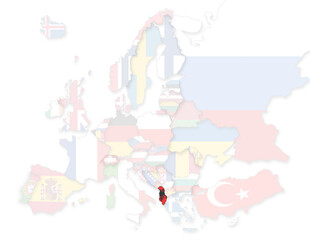 3D Europakarte auf der Albanien hervorgehoben wird und die restlichen Flaggen transparent sind