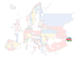 3D Europakarte auf der Aserbaidschan hervorgehoben wird und die restlichen Flaggen transparent sind