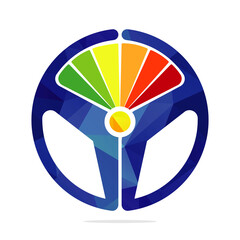 Steering wheel speed meter logo concept design. Colorful speed meter with steering wheel icon.