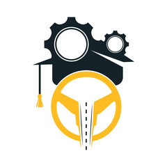 Graduation cap With steering wheel and Gear icon. Technical education logo.