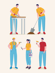 group of builders constructors workers characters vector illustration design