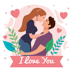 young lovers couple lifting and kissing with lettering in ribbon vector illustration design