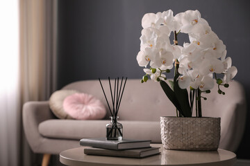 Beautiful orchid, books and air reed freshener on table indoors