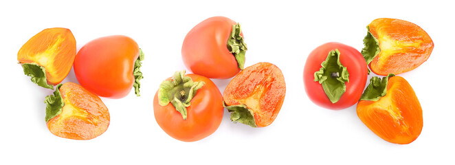 Set of delicious fresh ripe persimmons on white background, top view. Banner design