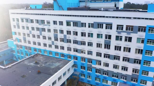 Hospital (clinic) building exterior. Aerial side view