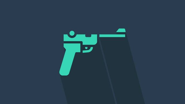 Turquoise Mauser gun icon isolated on blue background. Mauser C96 is a semi-automatic pistol. 4K Video motion graphic animation.