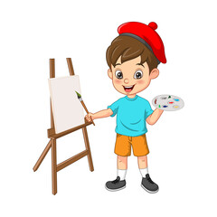 Happy cute little boy artist holding brush and paints