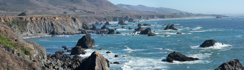 Panorama view of the Rocky coast of Sonoma County, Northern California, as seen from the Kortum...
