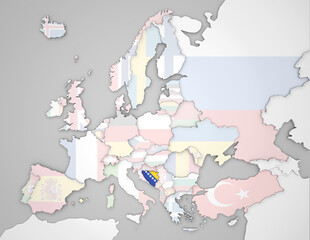 3D Europakarte auf der Bosnien und Herzegowina hervorgehoben werden und die restlichen Flaggen transparent sind	
