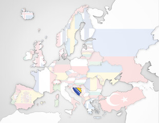 3D Europakarte auf der Bosnien und Herzegowina hervorgehoben werden und die restlichen Flaggen transparent sind	
