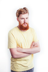 young handsome hipster ginger bearded guy looking brutal isolated on white background, lifestyle people concept