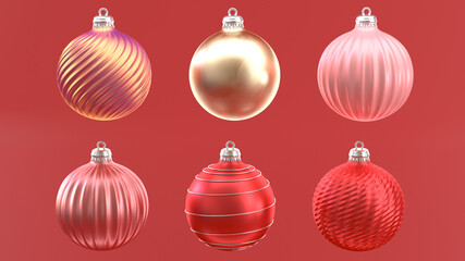 Christmas mock-up with realistic Christmas balls. Xmas glass ball on Red Holiday's Background. Holiday decoration template. 3d rendering