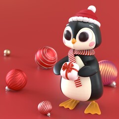 3d christmas pinguin wearing in scarf and hat with present, gift for you on red background with x-mas decoration. Gift giving concept. 3d rendering
