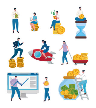 business people teamwork and money set icons vector illustration design