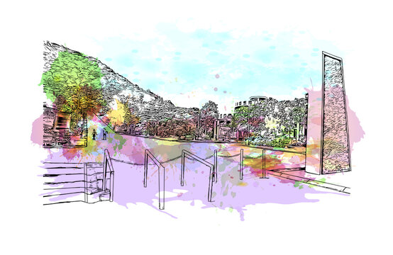 Building view with landmark of Daraga is
Municipality in the Philippines. Watercolour splash with hand drawn sketch illustration in vector.