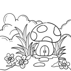 Cute nature and little house line cartoon