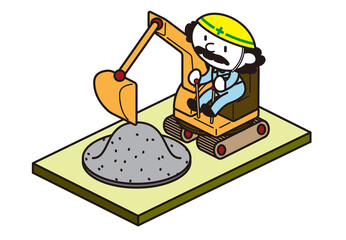デフォルメされたショベルカーを操作して砂山を崩すおじさんキャラクターのアイソメトリックでフラットなベクターイラスト