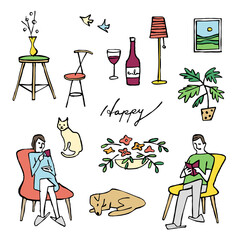 ステイホームを楽しむ男女のイラスト