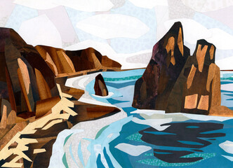 Rocky seaside coastline with island, paper collage illustration