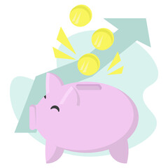Money in piggy banks, money accumulation concept, pink pig with coins and an upward arrow on the background, growing savings and financial literacy