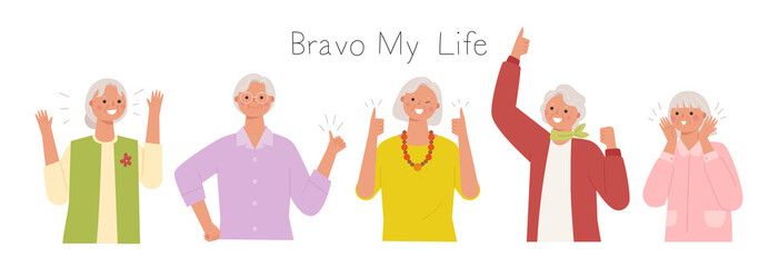 Collection of female senior characters. Her grandmothers are making a lively and positive gesture. flat design style minimal vector illustration. - obrazy, fototapety, plakaty