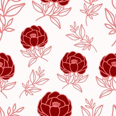 Hand drawn pink & red peony flower seamless pattern