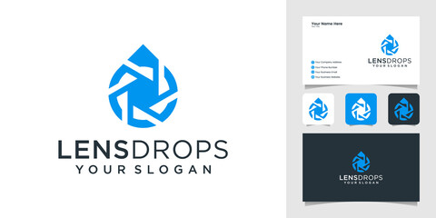 camera lens logo and water drop template and business card