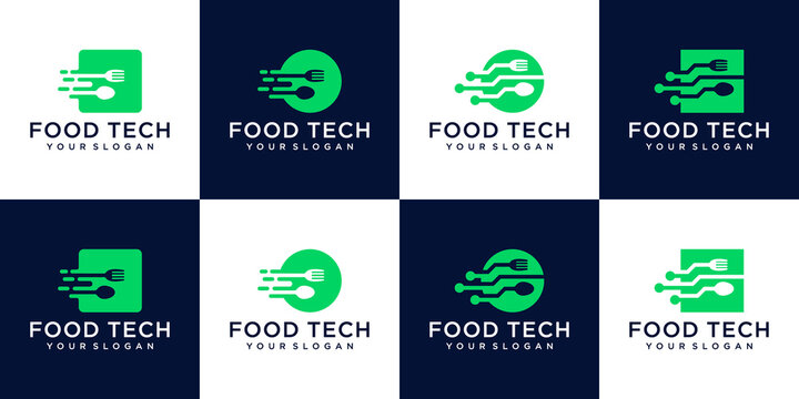 collection of logos, food technology logos with forks and spoons
