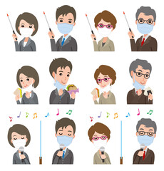 マスクを着用.　ビジネスマンとビジネスウーマンのイラスト.