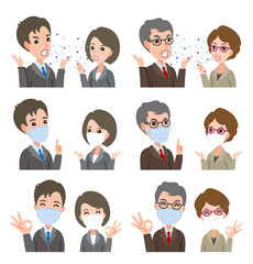 マスクを着用.　ビジネスマンとビジネスウーマンのイラスト.