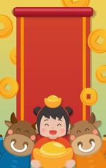 Fototapeta premium Happy and cute children celebrating Chinese New Year with the cow, business card with new year element greeting card and vertical poster