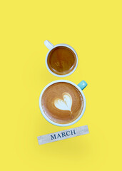 View from above with two cups of coffee copy space