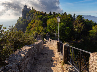 San Marino. Old stone towers on top of the mountain.