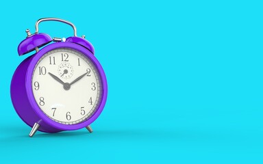 Purple vintage alarm clock on light blue color background