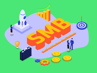Small Medium sized business SMB 3D flat isometric vector concept for banner, website, illustration, landing page, flyer, etc.